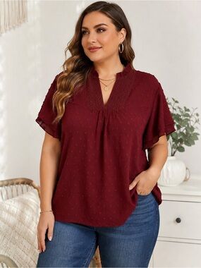 Falechay 3XL Burgundy Swiss Dot Lace Flutter Sleeve Boho Blouse